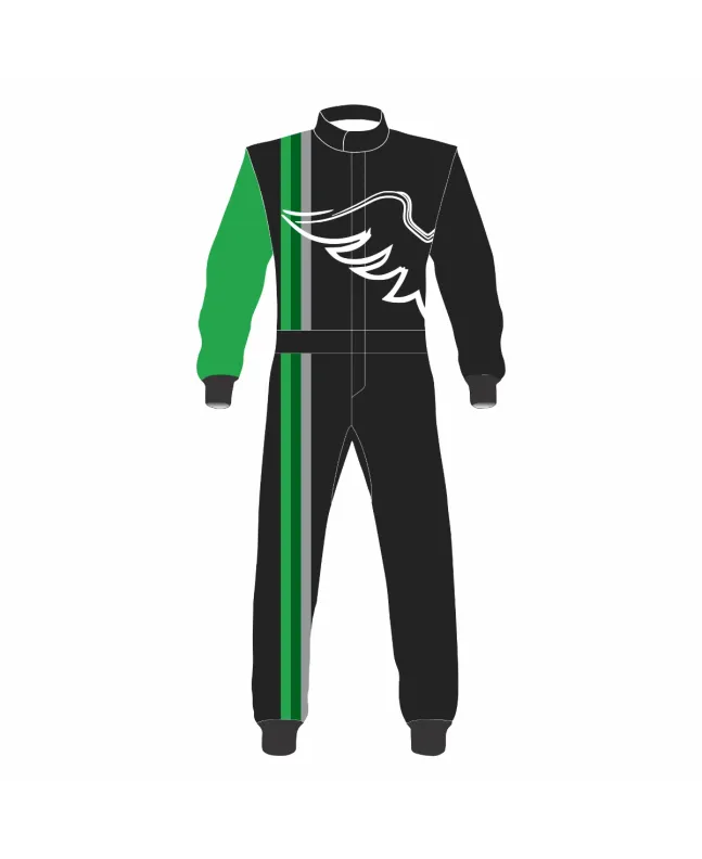 Black-Green-White-Wings-Kart-Racing-Suit-Front-View