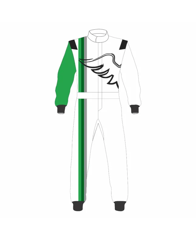 White-Green-Black-Wings-Kart-Racing-Suit-Front-View